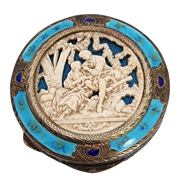 800 Silver Gold Vermeil Italian Carved Shell Mirror Comapct #18463 - Picture 1 of 10